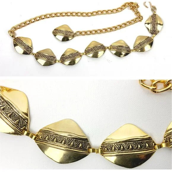 Vintage Omega Gold Chain Link Statement Belt NWT 80s 90s Glam Vintage NOS Gold Tone Equestrian Horseshoe Charm Chain Link  main image 4